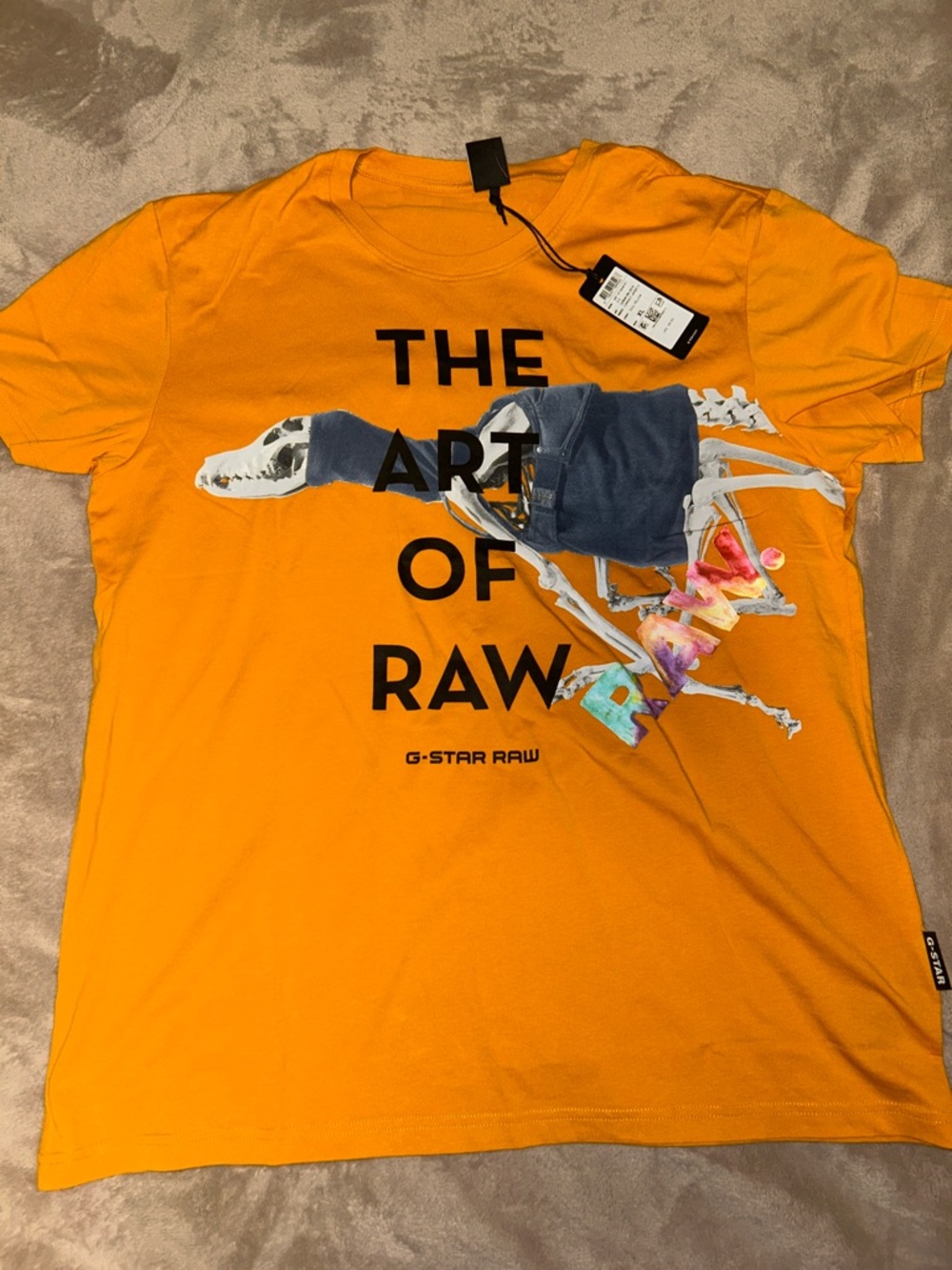Gstar Orange Graphic Tee with Skeleton and Denim Print